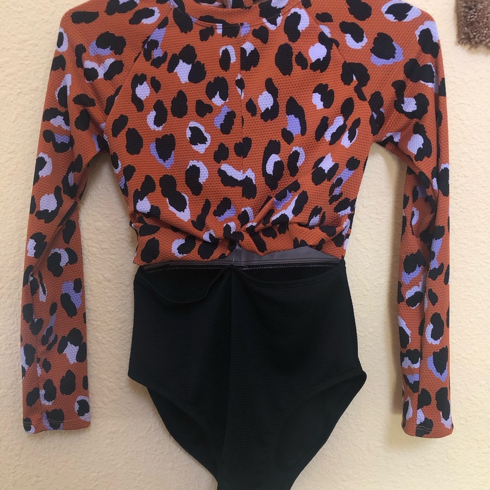 art class Rust Leopard & Black Twist-Front Long Sleeve One-Piece